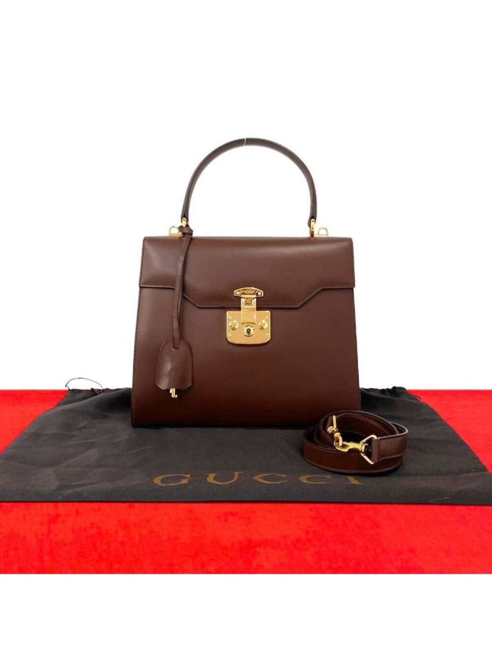 Gucci Vintage Ladylock Logo Leather 2-Way Shoulder Bag Brown